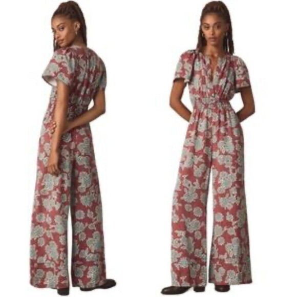 Anthropologie Wide-Leg Floral Jumpsuit XS Brick Red Teal Short Sleeve NWT‎